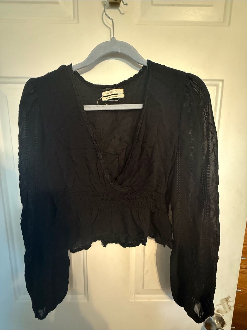 Urban Outfitters Black Smocked crop V-Neck Long Sleeve Blouse